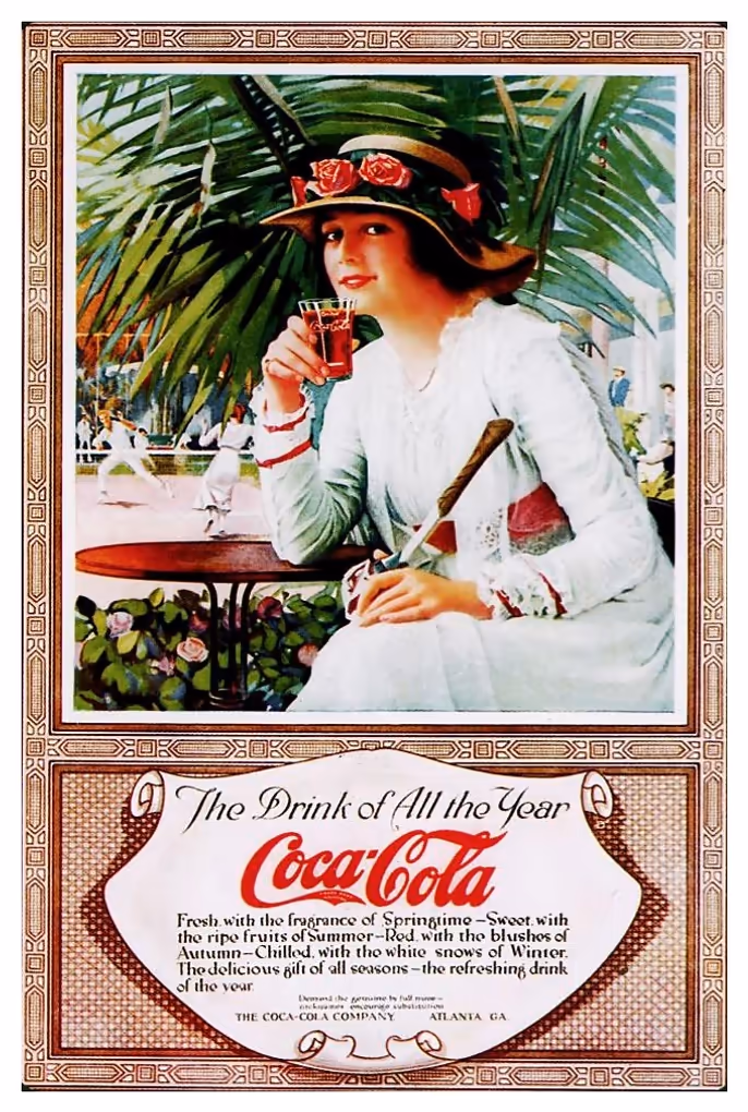 Ретро-постер Coca-Cola 1918 року із зображенням дівчини в капелюсі, яка п'є Кока-Колу на тлі тенісного корту