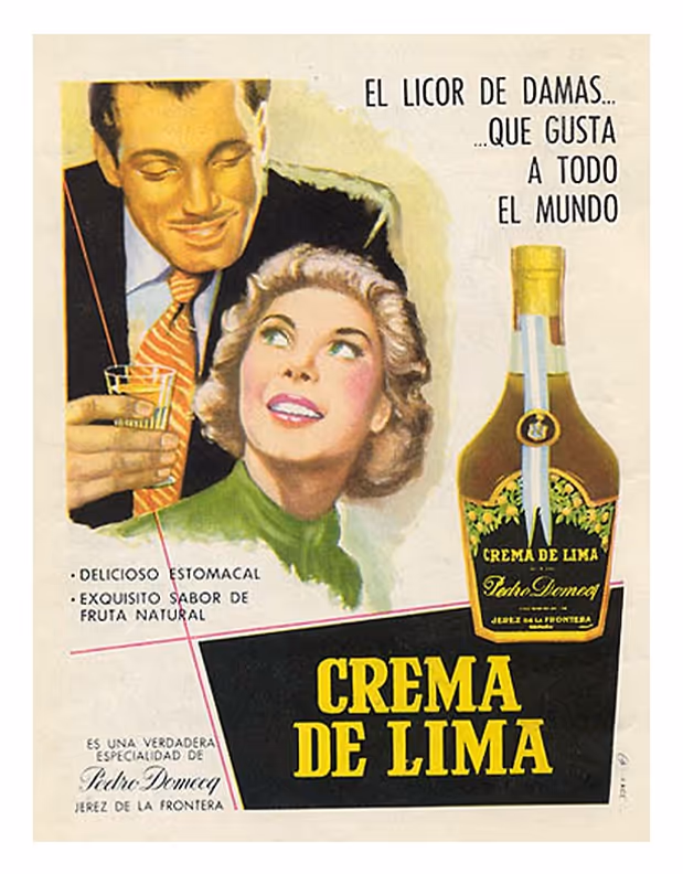 винтажный плакат 1950-х годов рекламирует ликер Crema de Lima от испанского бренда Pedro Domecq