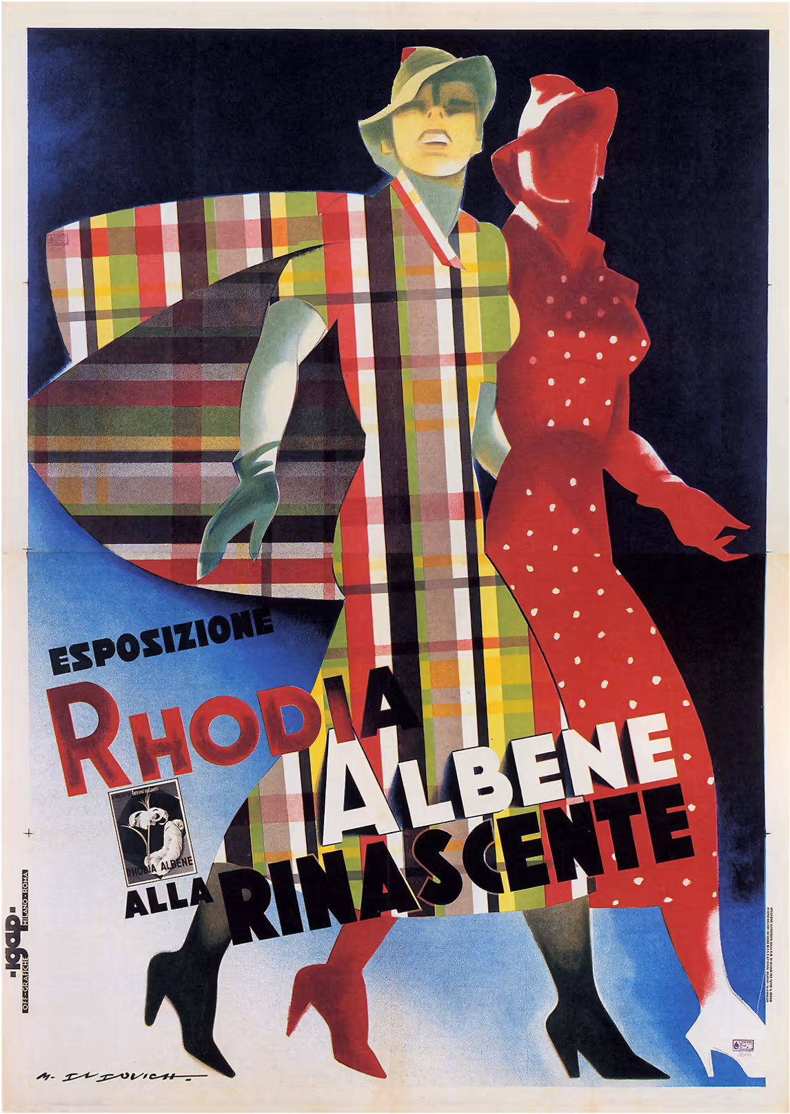 плакат 1936 года для выставки тканей Rhodia Albene в известном итальянском универмаге La Rinascente