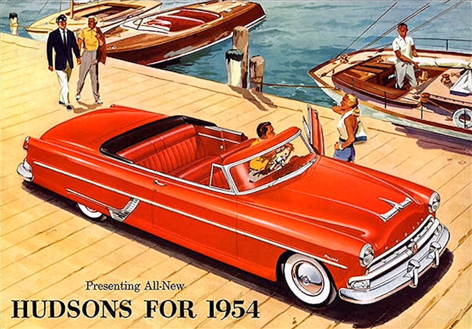 рекламная иллюстрация автомобиля Hudson Hornet 1954 года в кузове кабриолет
